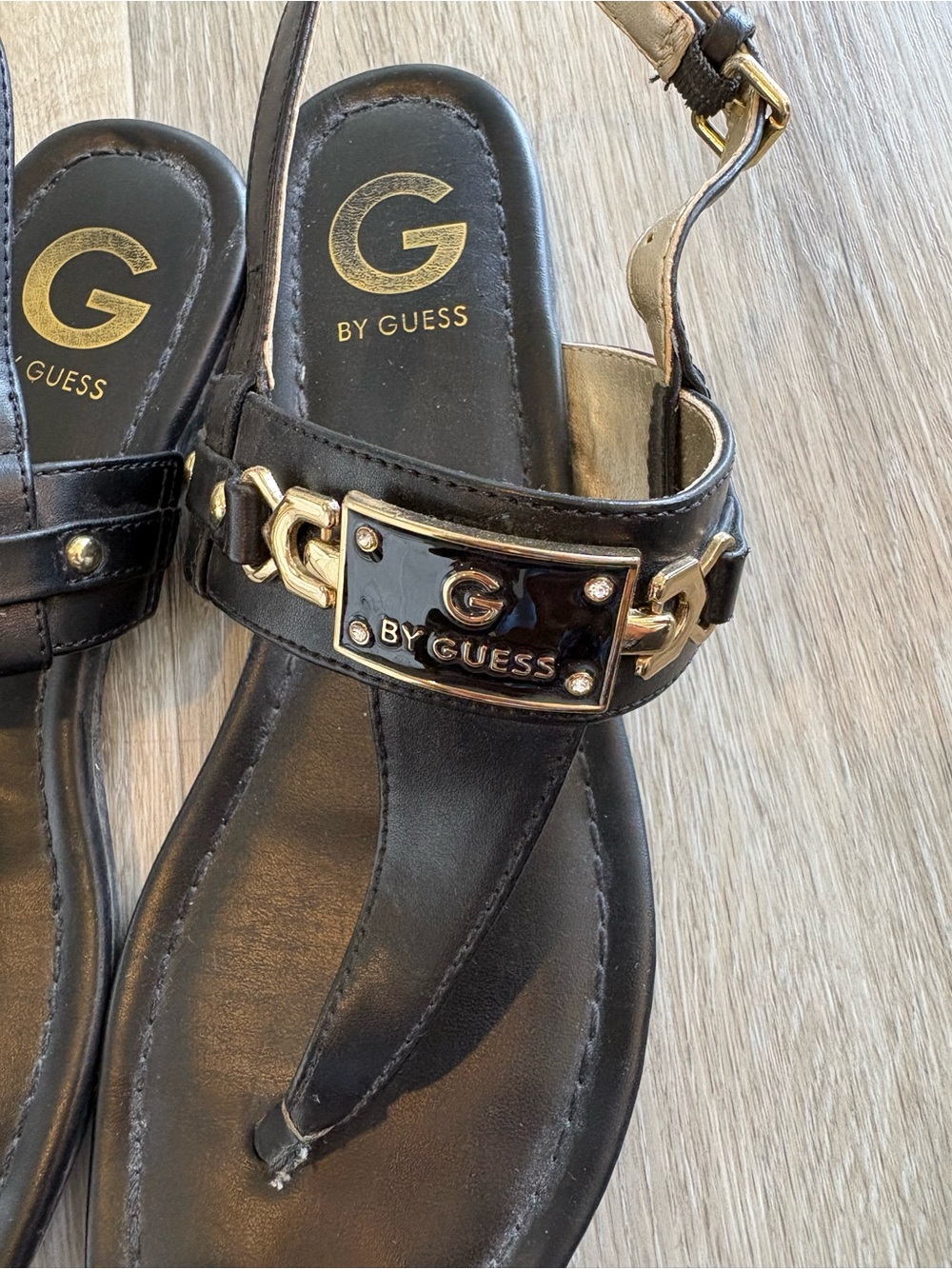Guess GBG “Lilly’s” Black Women's Thong Sandals with Gold Accent Hardware